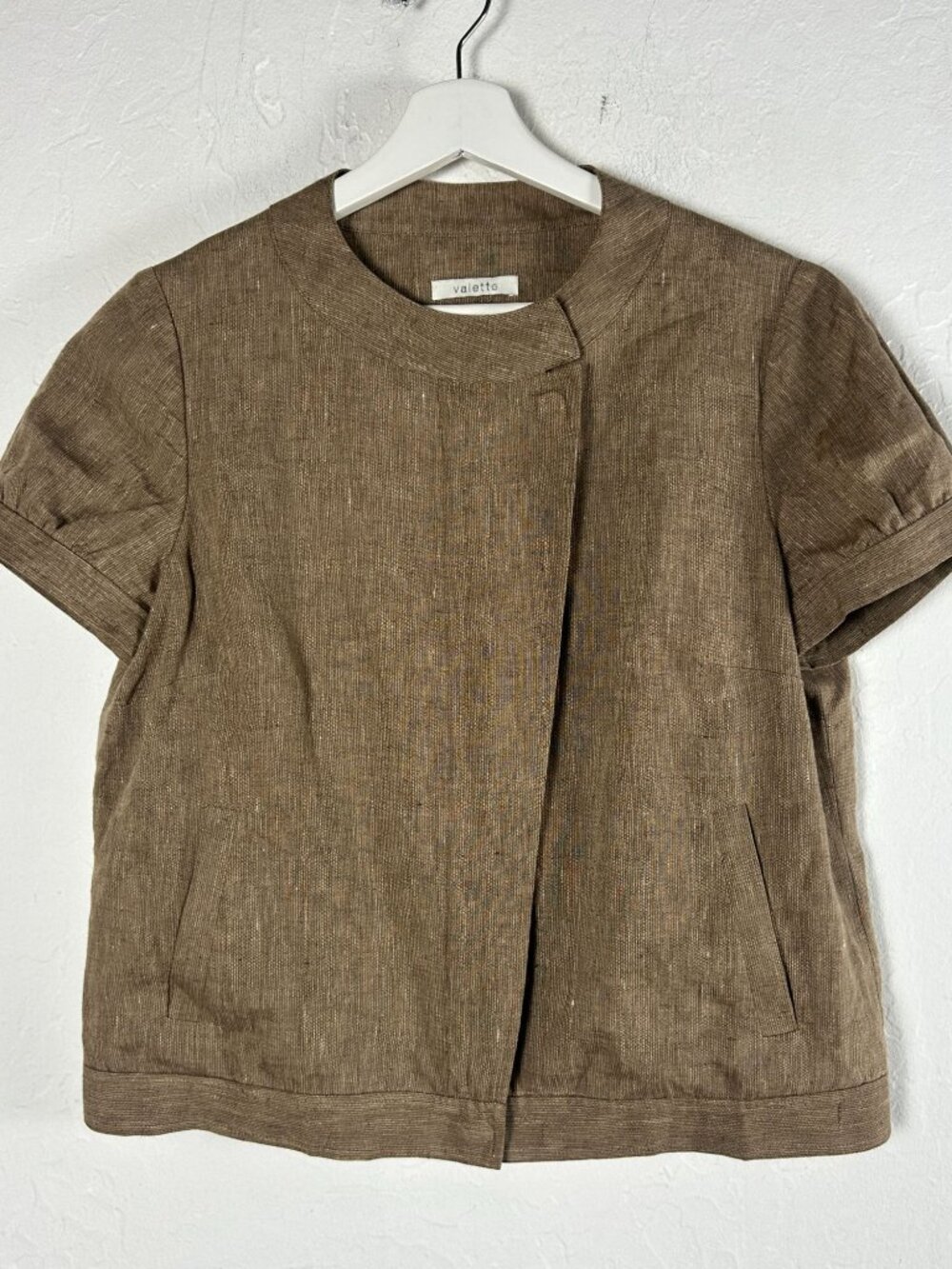 Valette Womens Brown Linen Short-Sleeve Jacket Medium Lined Pockets Lightweight